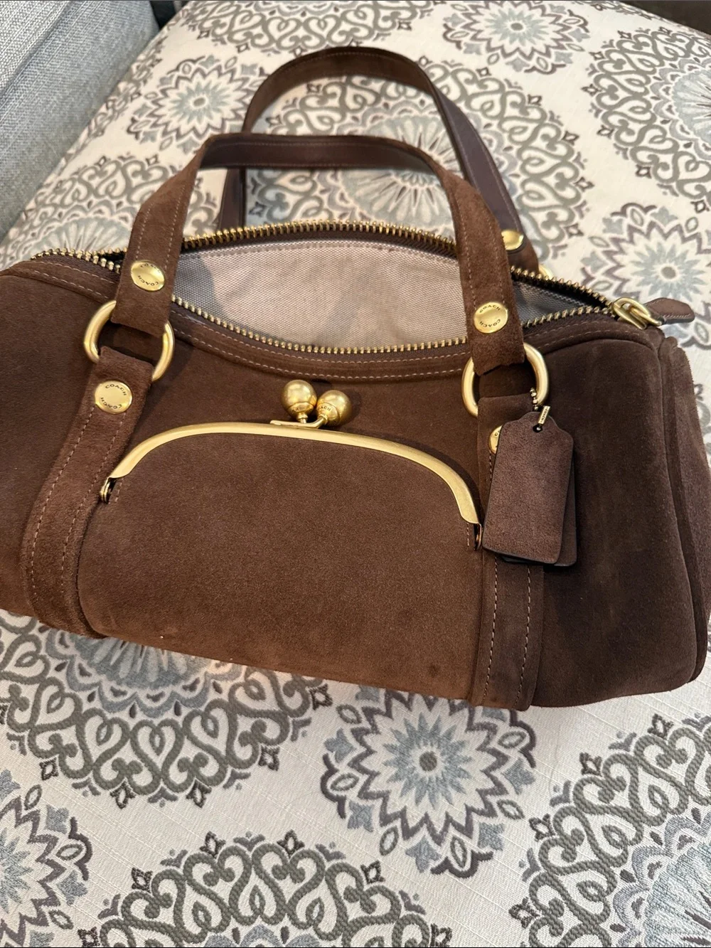 Coach kiss lock barrel bag suede